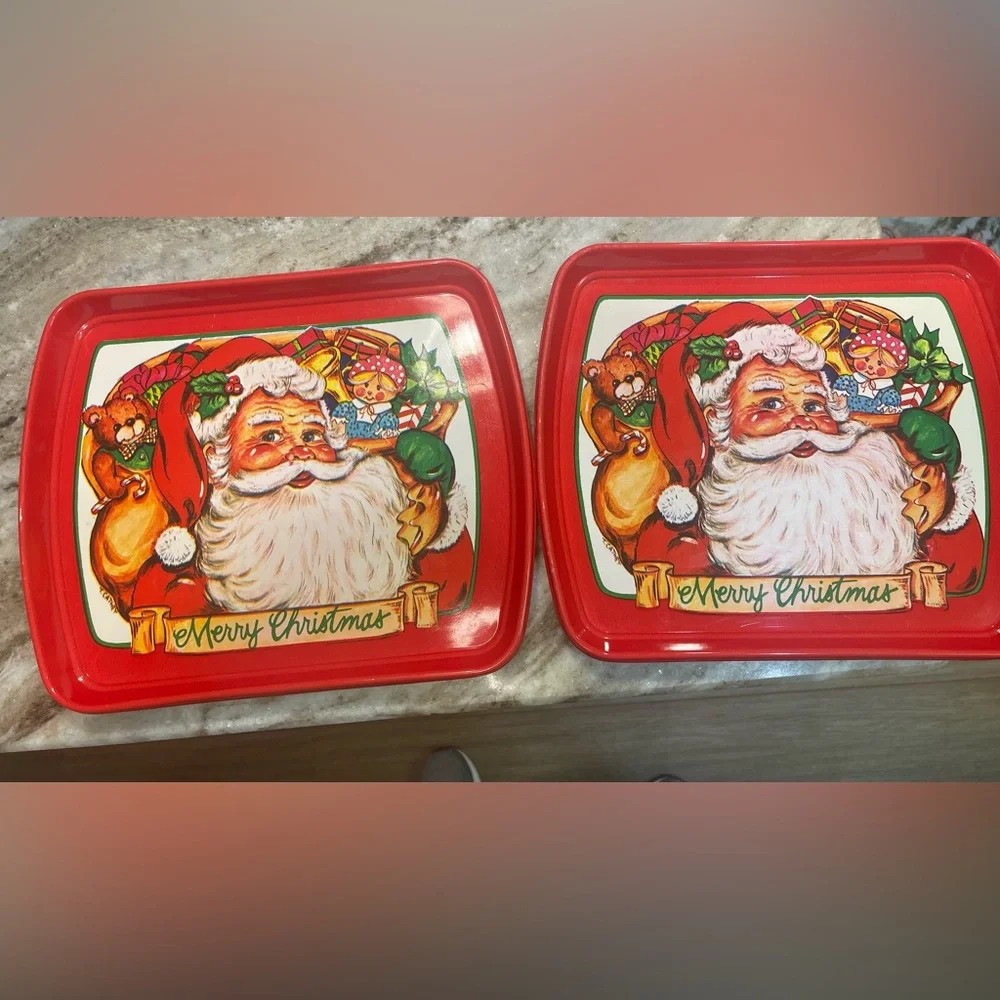 Two Vintage Santa Claus Merry Christmas 11x13” Plastic Serving Trays
